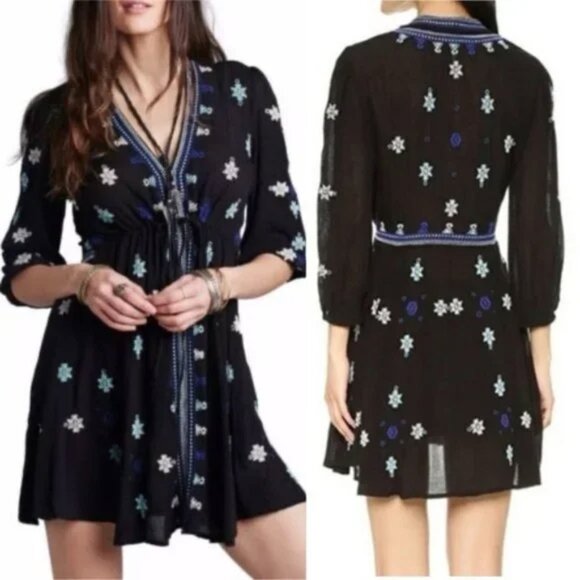 FREE PEOPLE Star Gazer Embroidered Boho Mini Dress Coverup Black XS Tunic $128 - Picture 3 of 16